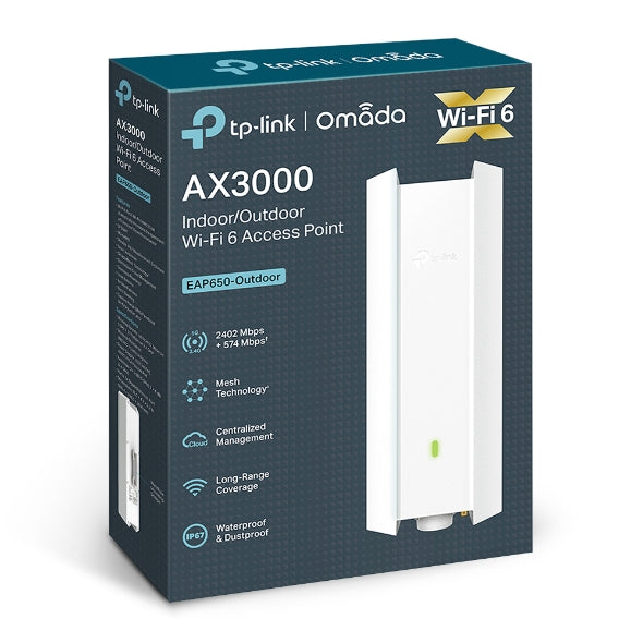 TP-Link EAP650-Outdoor Omada AX3000 Indoor/Outdoor WiFi 6 Access Point, 574Mbps @2.4GHz + 2402Mbps at 5GHz
