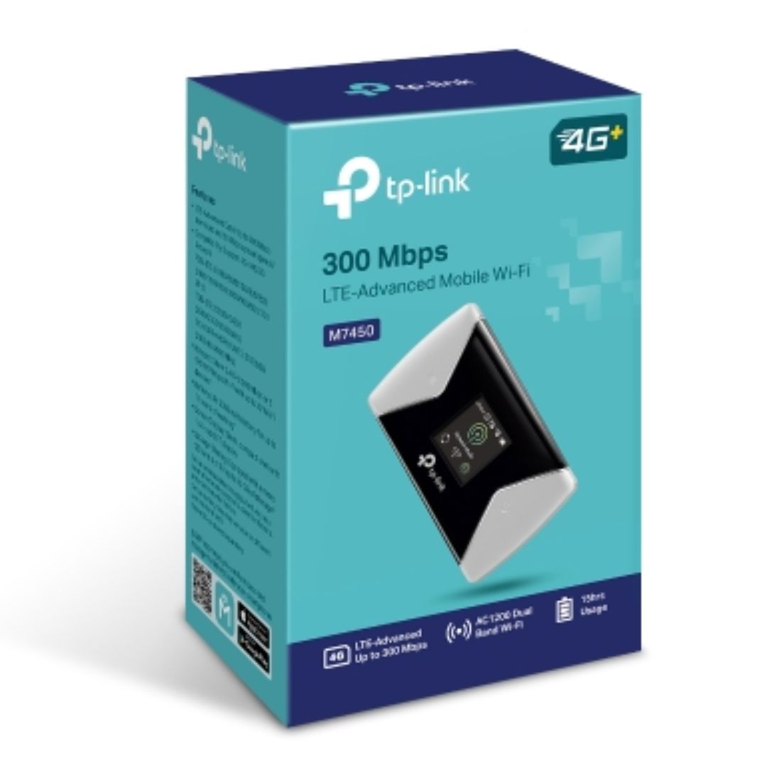 (E)TP-Link M7450 4G-LTE Mobile Wi-Fi 300Mbps DL 50Mbps UL 4G SIM Card + microSD Slot 3000mAh 15hrs Rechargeable Battery for 32 Devices iOS/Android App