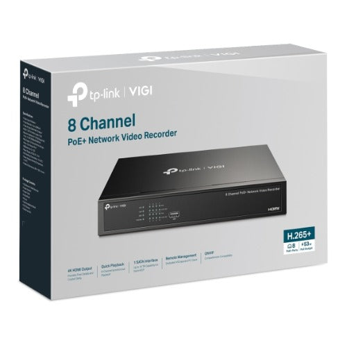 TP-Link VIGI NVR1008H-8P 8 Channel PoE+ Network Video Recorder, 53W PoE Budget, H.265+, 4K Video Output & 16MP Decoding Capacity (HDD Not Included)