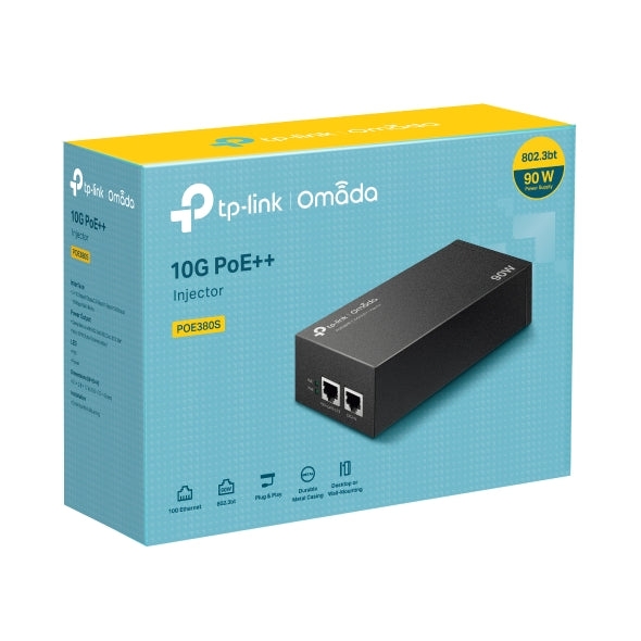 TP-Link POE380S Omada 10G PoE++ Injector PORT: 1Ã— 10Gbps PoE Port, 1Ã— 10Gbps Non-PoE Port, SPEC: 802.3bt/at/af Compliant, 90 W PoE Power, Data and Pow