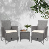 Gardeon 3PC Outdoor Bistro Set Patio Furniture Wicker Setting Chairs Table Cushion Grey