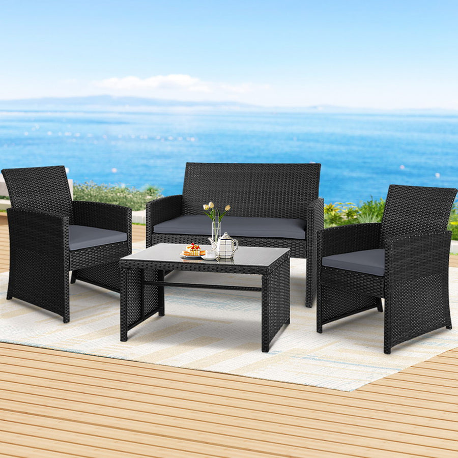 Gardeon 4 PCS Outdoor Sofa Set Rattan Chair Table Setting Garden Furniture Black