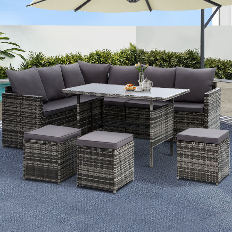 Gardeon Outdoor Furniture Dining Setting Sofa Set Lounge Wicker 9 Seater Mixed Grey