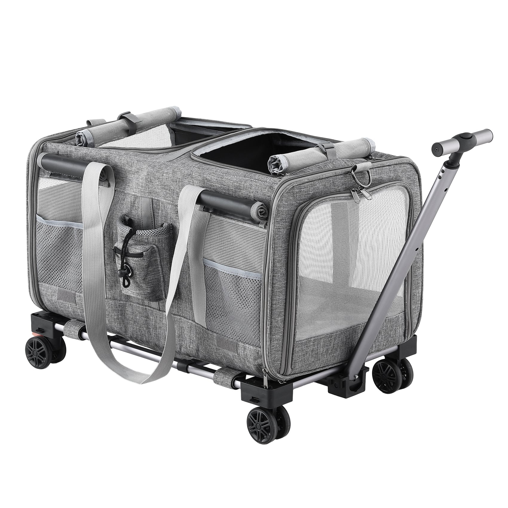 i.Pet Pet Carrier Swivel Wheels Foldable Cat Dog Trolley Stroller Travel Bag Grey