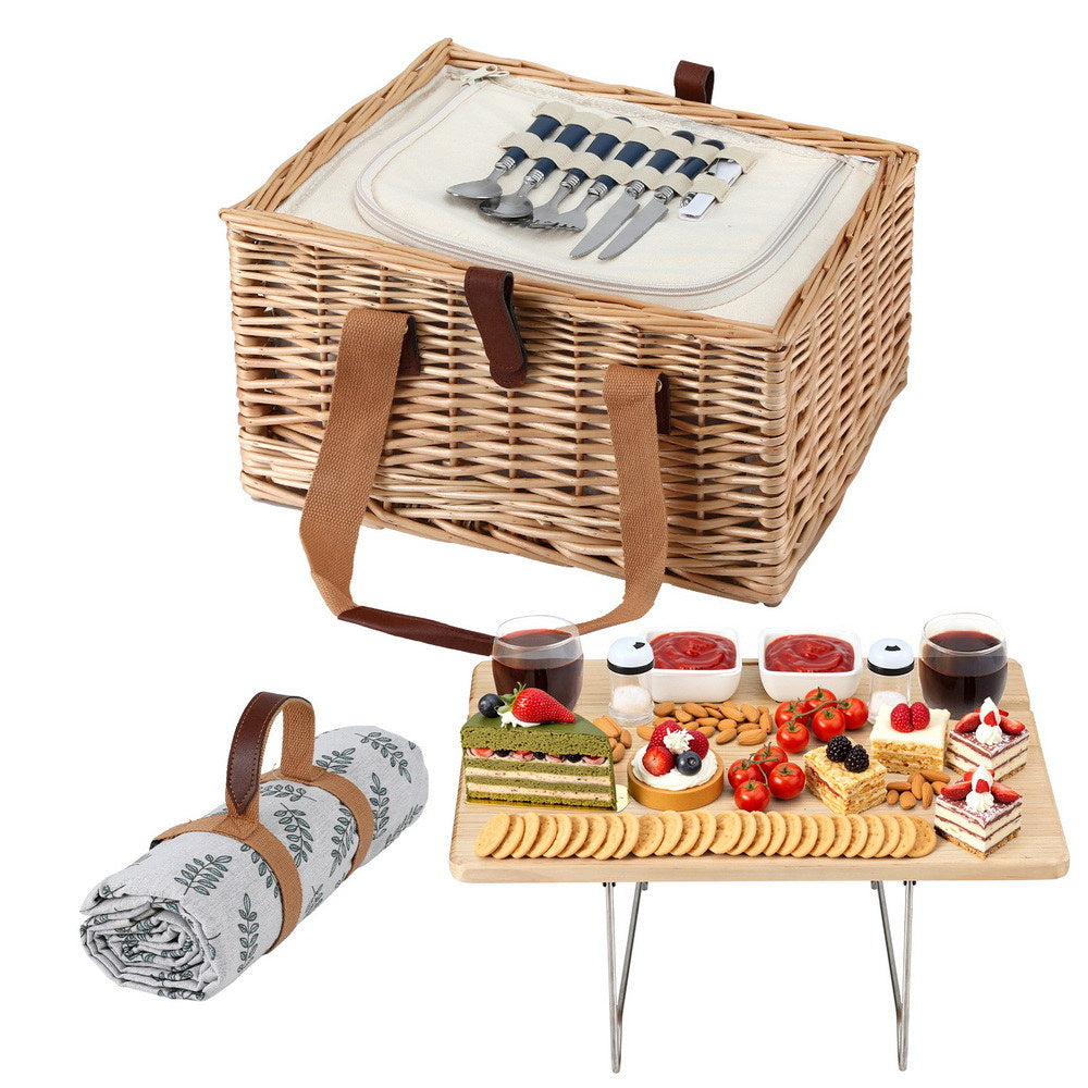 Alfresco 2 Person Picnic Basket Set with Table Blanket Cooler Wooden Insulated
