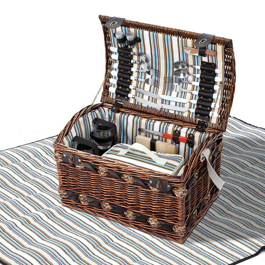 Alfresco 4 Person Picnic Basket Set Wooden Blanket Cooler Bag Outdoor Insulated