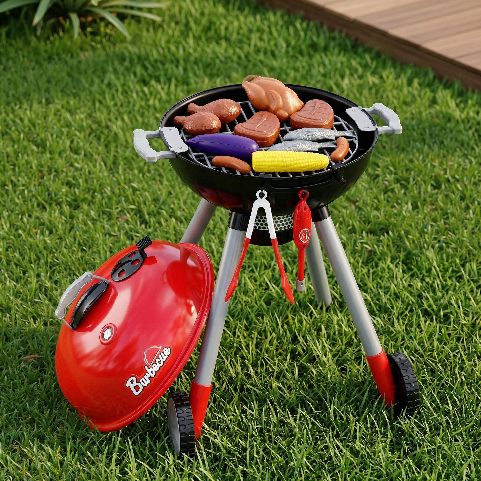 Keezi Kids Pretend Kitchen BBQ Playset Role Play Toy with charcoal Play Food Cup