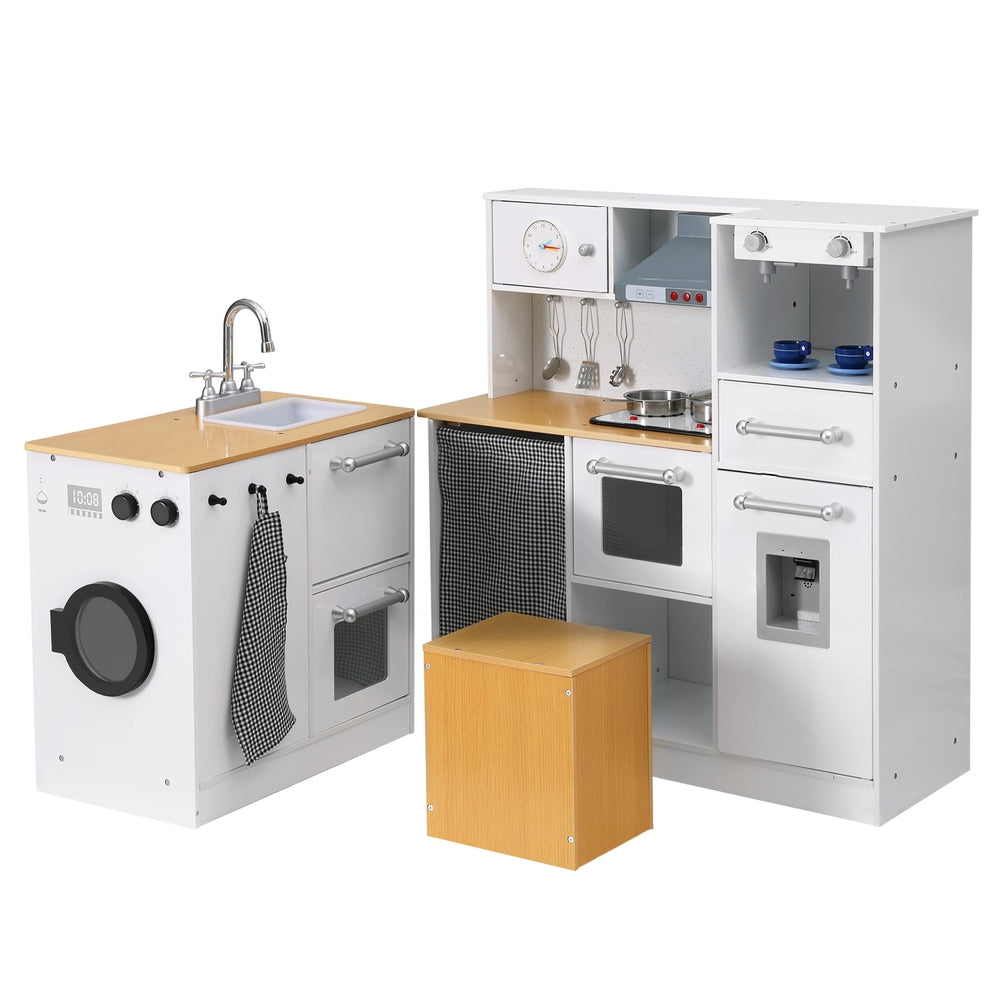 Keezi Kids Kitchen Playset 2-Piece Wooden Pretend Play Coffee Maker Toy 80CM White 
