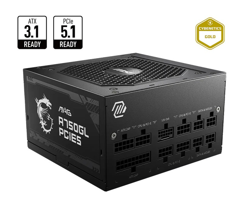 MSI MAG A750GL PCIE5 II Bulk â€“ 750W ATX 3.1, 80+ Gold, full modular, PCIe 5.0 16-pin, 3x PCIe 6+2, 8x SATA, FDB fan, OCP/OVP/OPP/OTP/SCP/UVP, 120mm