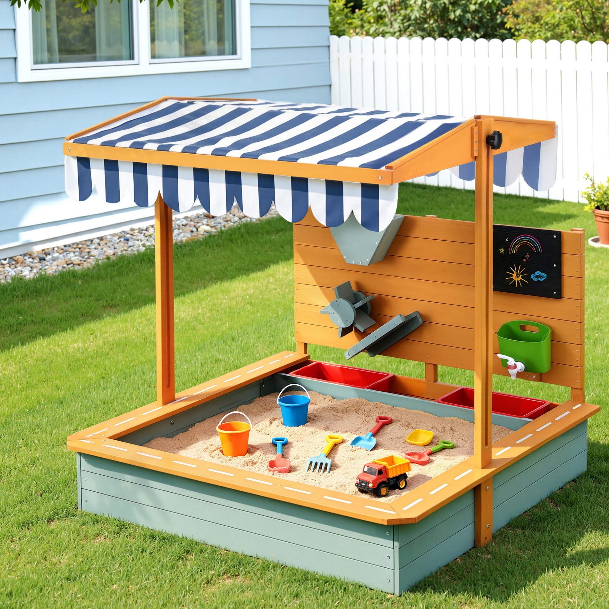 Keezi Kids Sandpit Wooden Canopy Sandbox With Cover Funnel Outdoor Toys 110cm Green