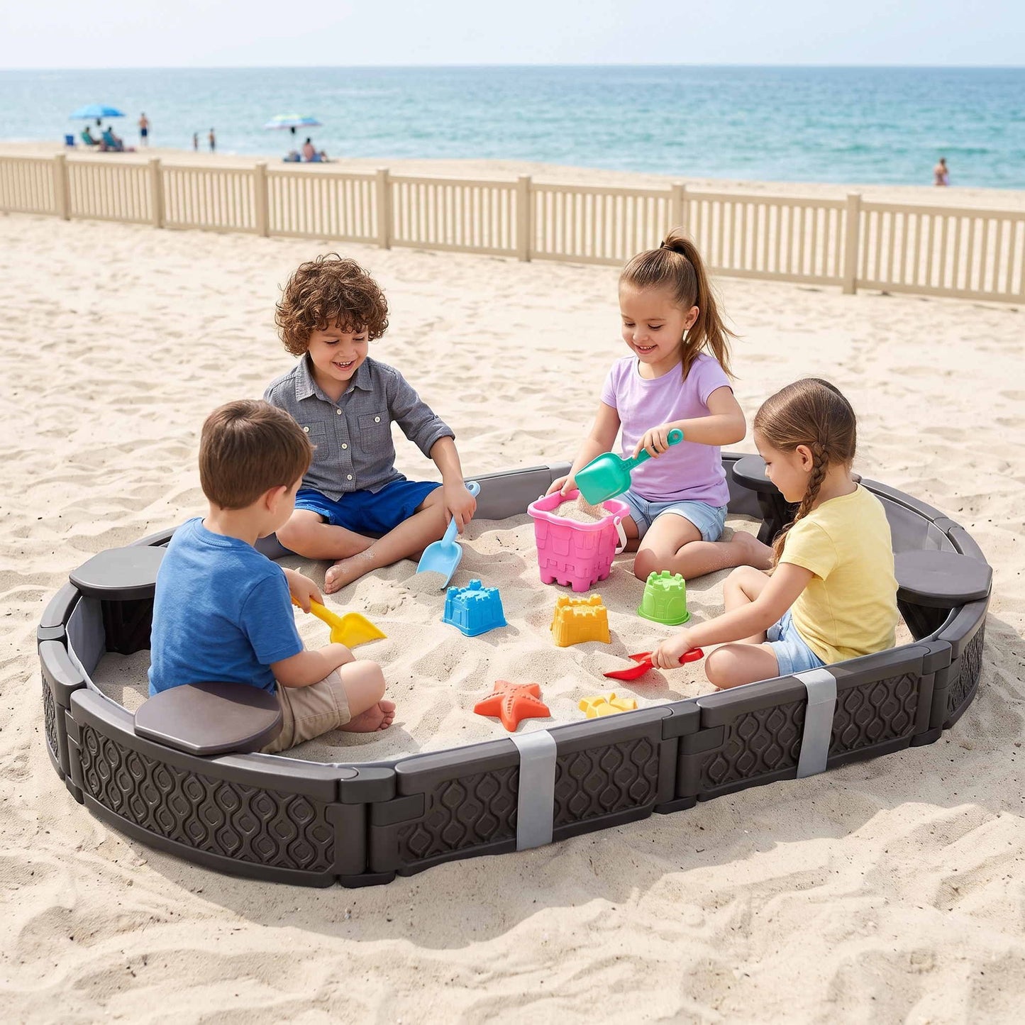 Keezi Kids Sandpit Toys Outdoor Sandbox Oval Sand Pit 4 Seats Grey Cover