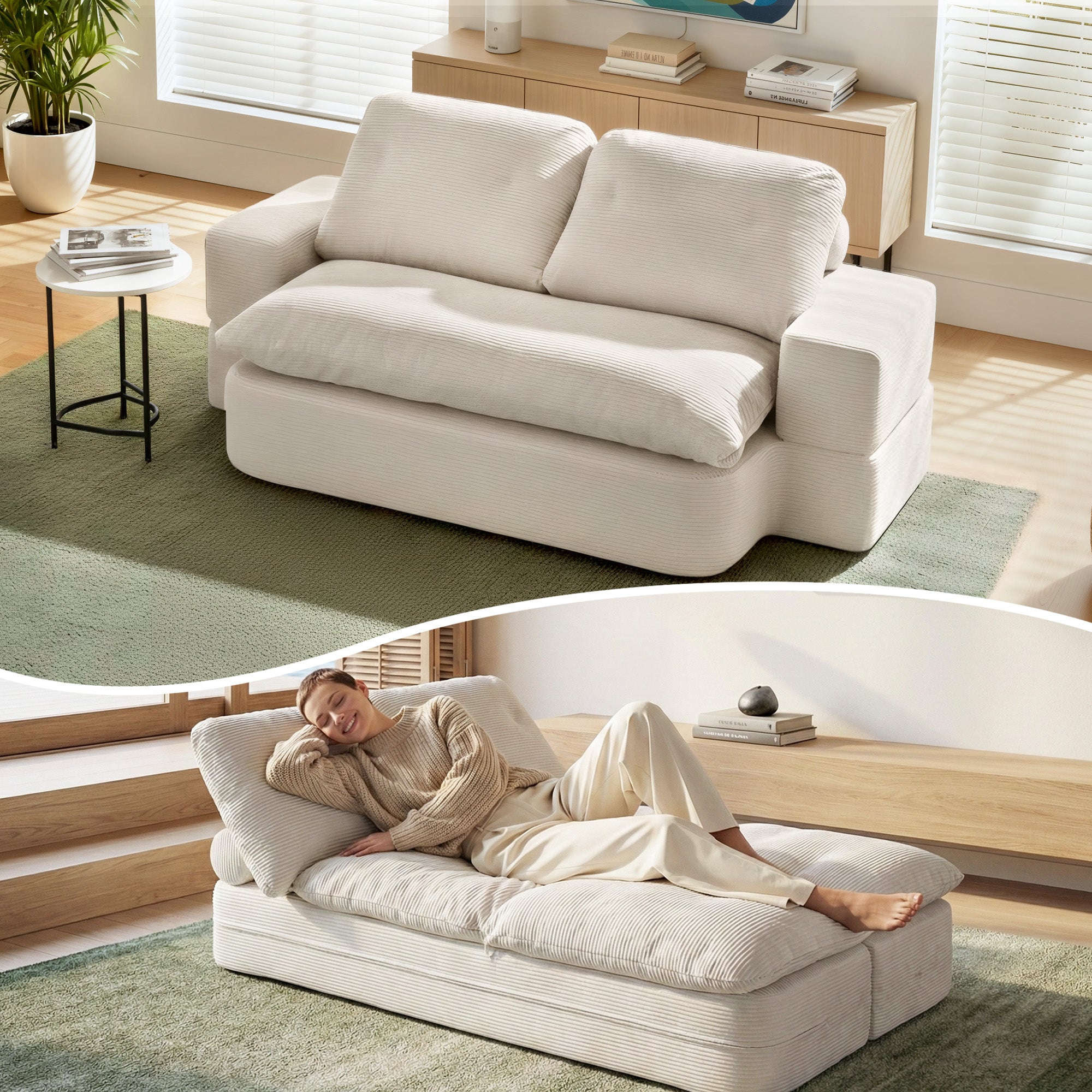 Artiss Convertible Folding Sofa Bed 30D High-Density Foam Boneless Couch with Corduroy Sleeper Couch Lounger for Living Room Beign