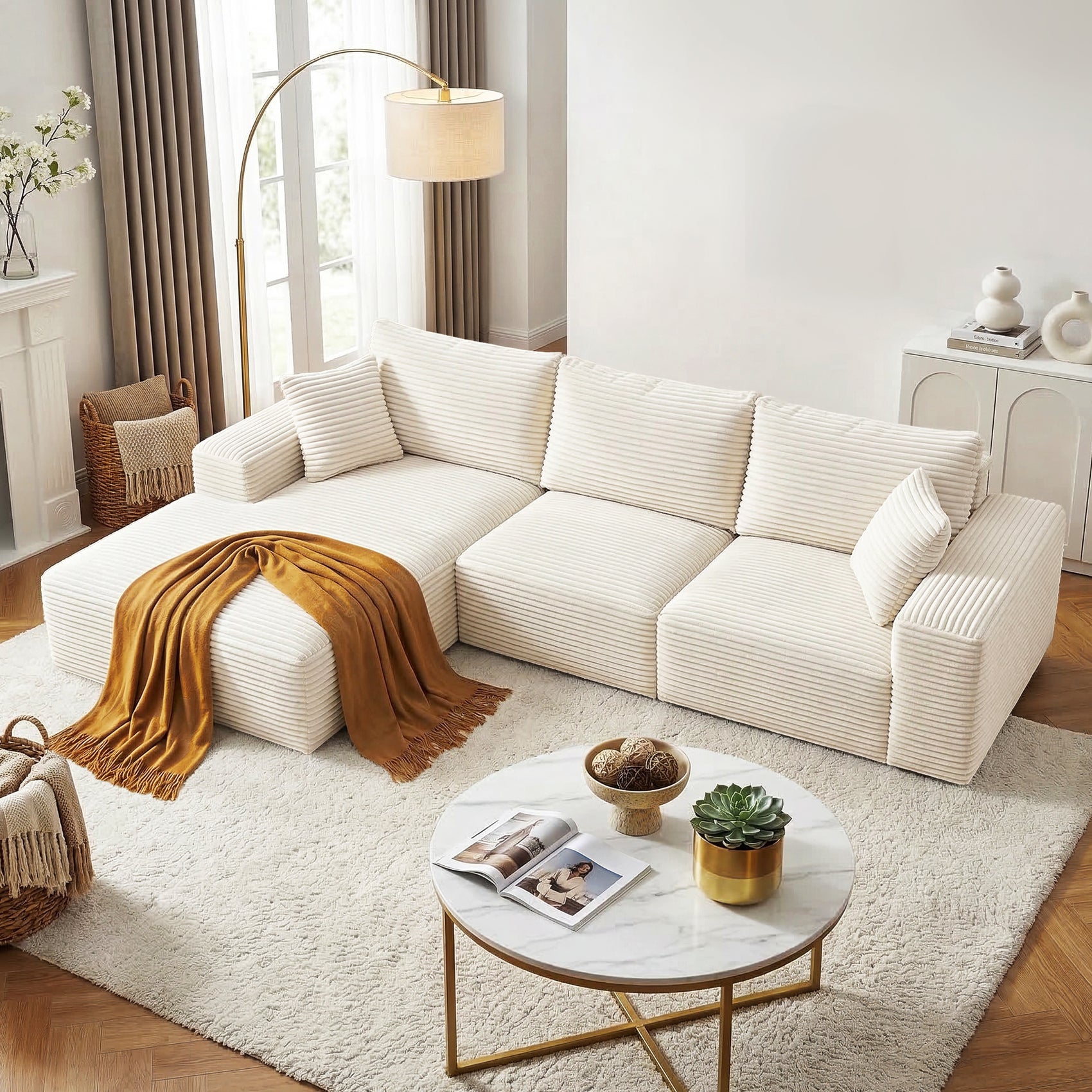 Artiss 3 Seater Modular Sofa Bed Sectional Boneless Couches for Living Room Corduroy Compressed Sofa White 