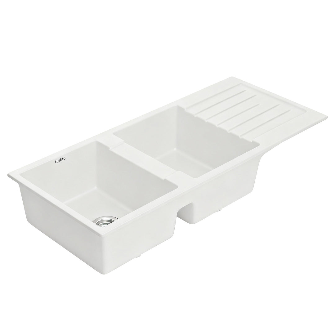 Cefito Kitchen Sink 116x50cm Granite Stone Sink Double Bowl White