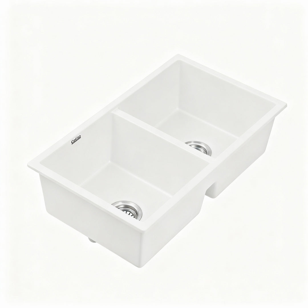 Cefito Kitchen Sink 77x45cm Granite Stone Sink Double Bowl White
