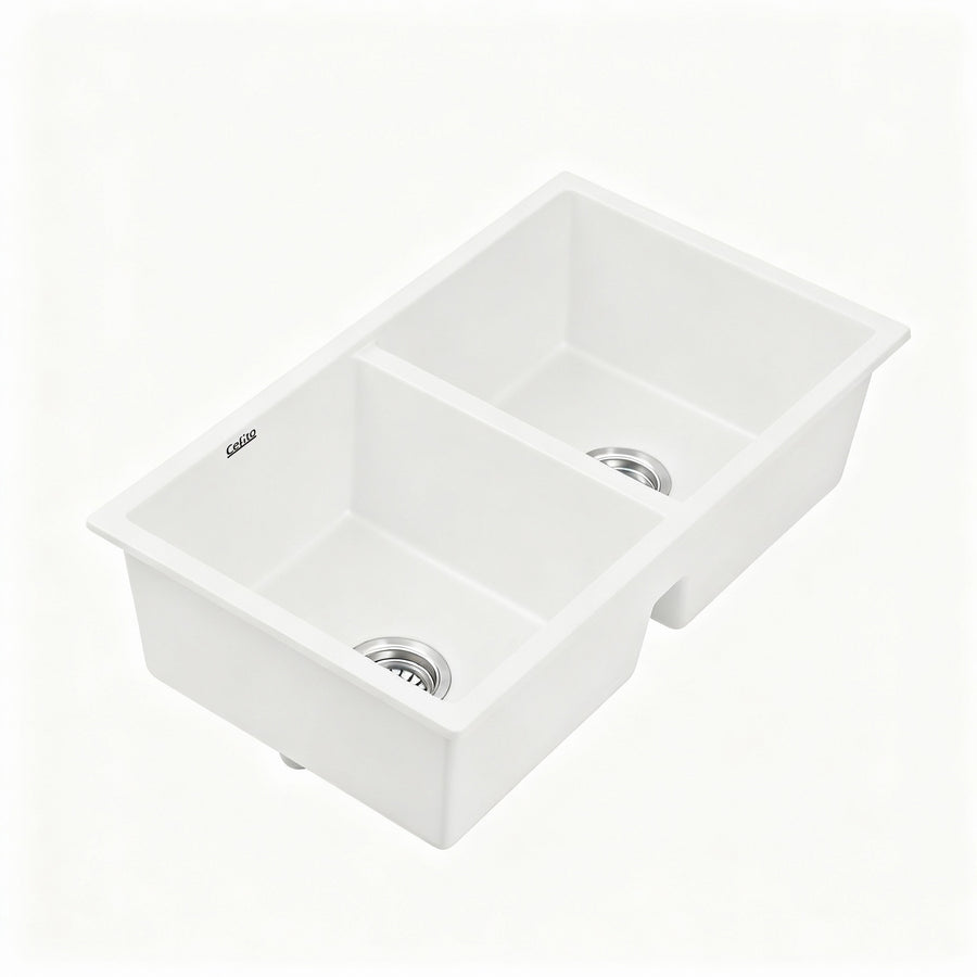Cefito Kitchen Sink 77x45cm Granite Stone Sink Double Bowl White