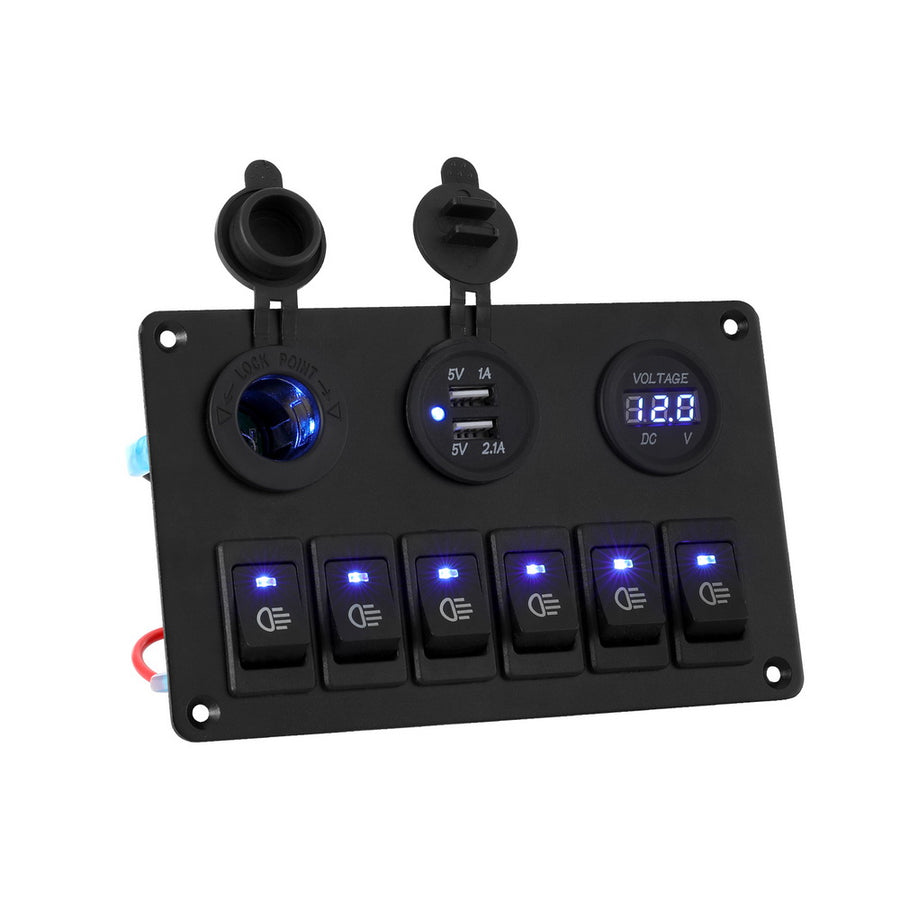 Giantz 6 Gang 12V Switch Panel For Car Boat Marine USB ON-OFF LED Rocker Toggle 