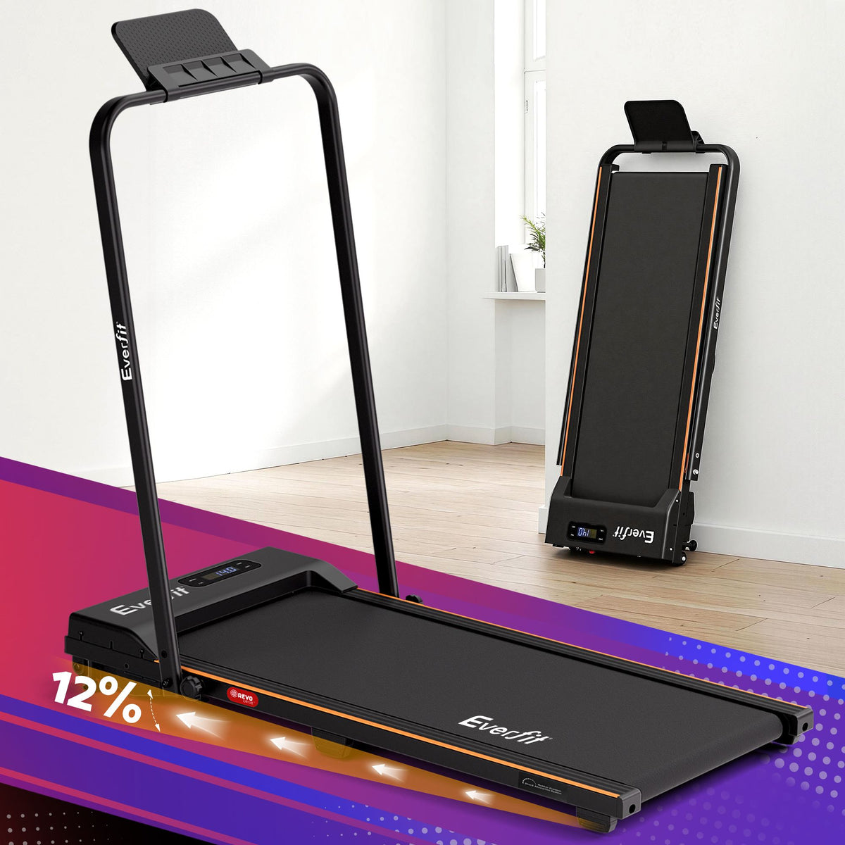  Everfit 3 in 1 Walking Pad Treadmill 12% Incline Foldable Under Desk Treadmills for Home Gym With 38cm Wide Belt Black
