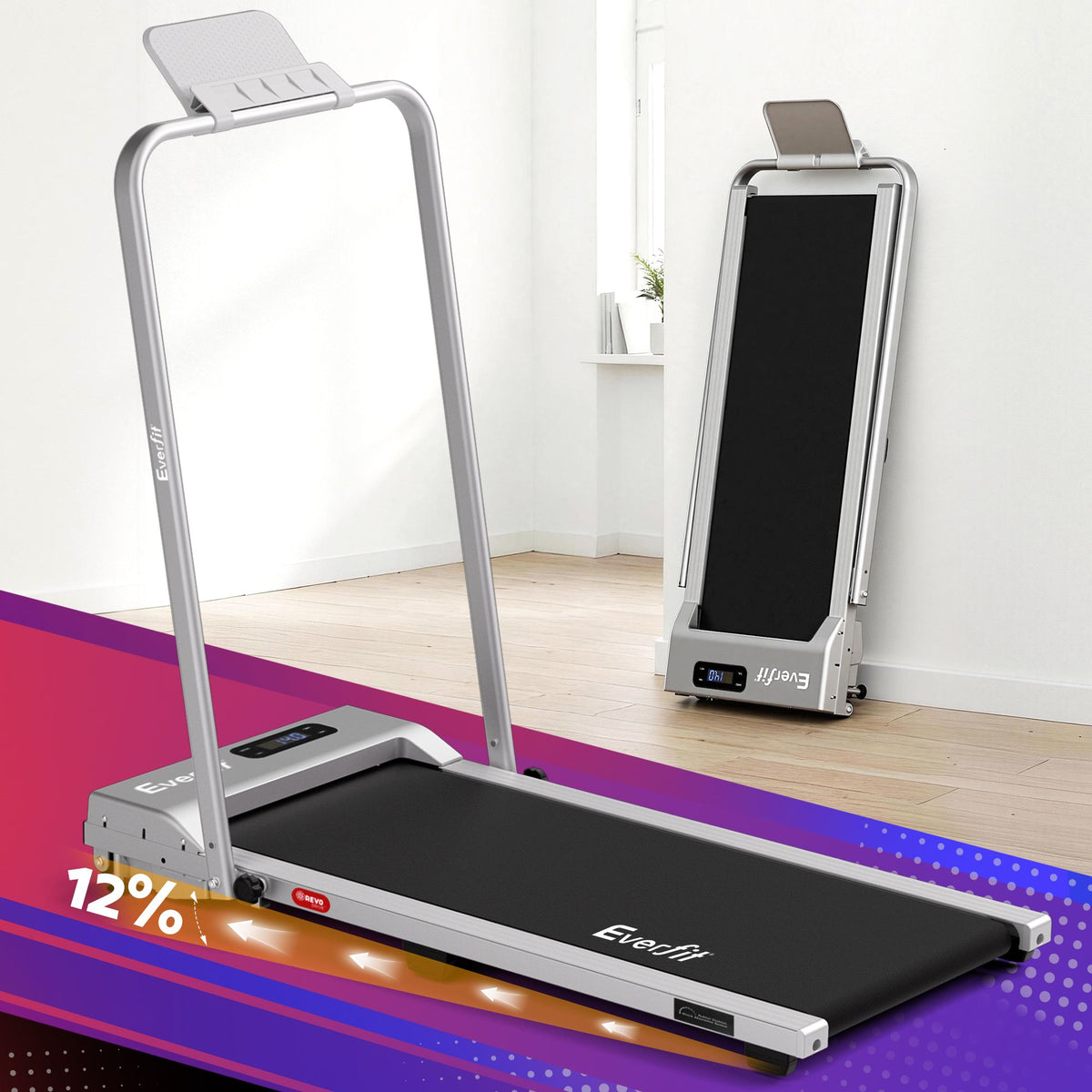  Everfit 3 in 1 Walking Pad Treadmill 12% Incline Foldable Under Desk Treadmills for Home Gym With 38cm Wide Belt Silver