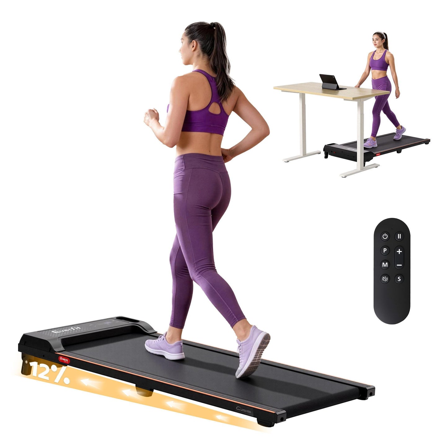  Everfit 3 in 1 Walking Pad Treadmill 12% Incline Under Desk Treadmills for Home Gym With 40cm Wide Belt Black