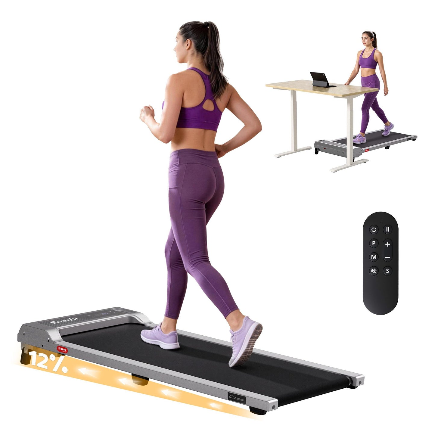  Everfit 3 in 1 Walking Pad Treadmill 12% Incline Under Desk Treadmills for Home Gym With 40cm Wide Belt Sliver