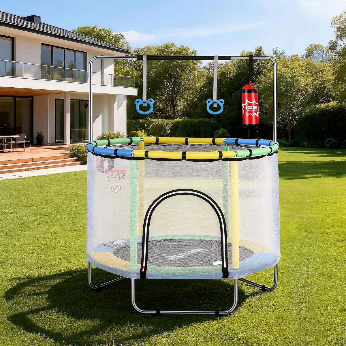 Everfit 55inch Trampoline Kids Rebounder with Basketball Set Sandbag Boxing Game