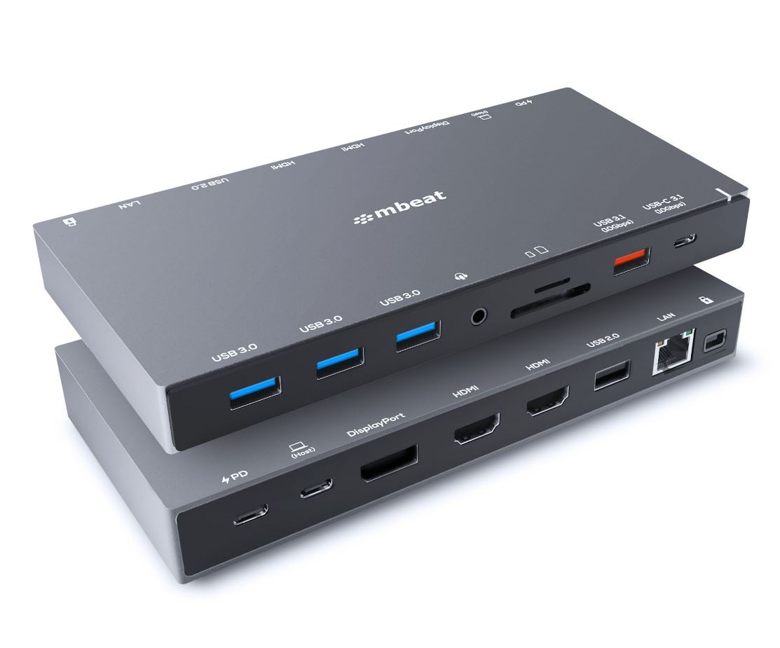 mbeatÂ® 15-in-1 Triple Display USB-C Docking Station 2x HDMI 1x DP 1x 100W PD 3.0 1x USB-C 3.1 Gen2 3x USB 3.0 1x USB 3.1 Gen2 MicroSD/SD Card 1x 1Gb