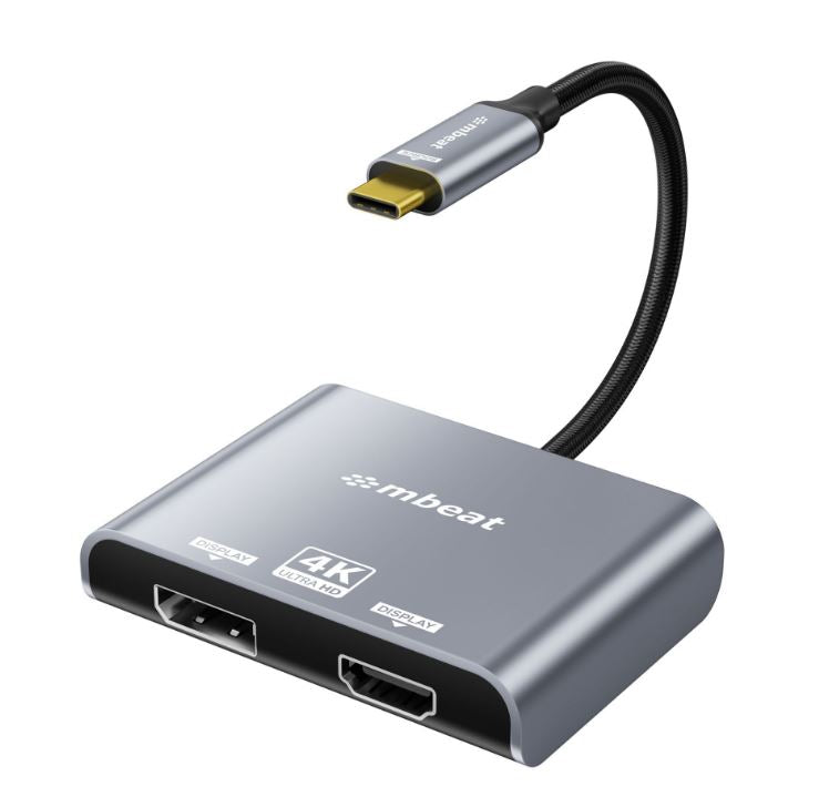 (LS) mbeatÂ® Tough Link USB-C to DP&HDMI Dual 4K/60Hz MST Adapter 4K (3840x2160) @ 60Hz, 4K (3840x2160) @ 30Hz, 2K (2560x1440) @ 60Hz - Space Grey