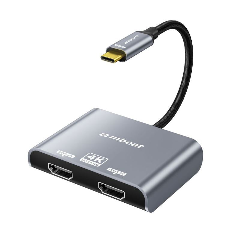 mbeatÂ® Tough Link USB-C to Dual 4K/60Hz HDMI MST Adapter 4K (3840x2160) @ 60Hz, 4K (3840x2160) @ 30Hz, 2K (2560x1440) @ 60Hz- Space Grey