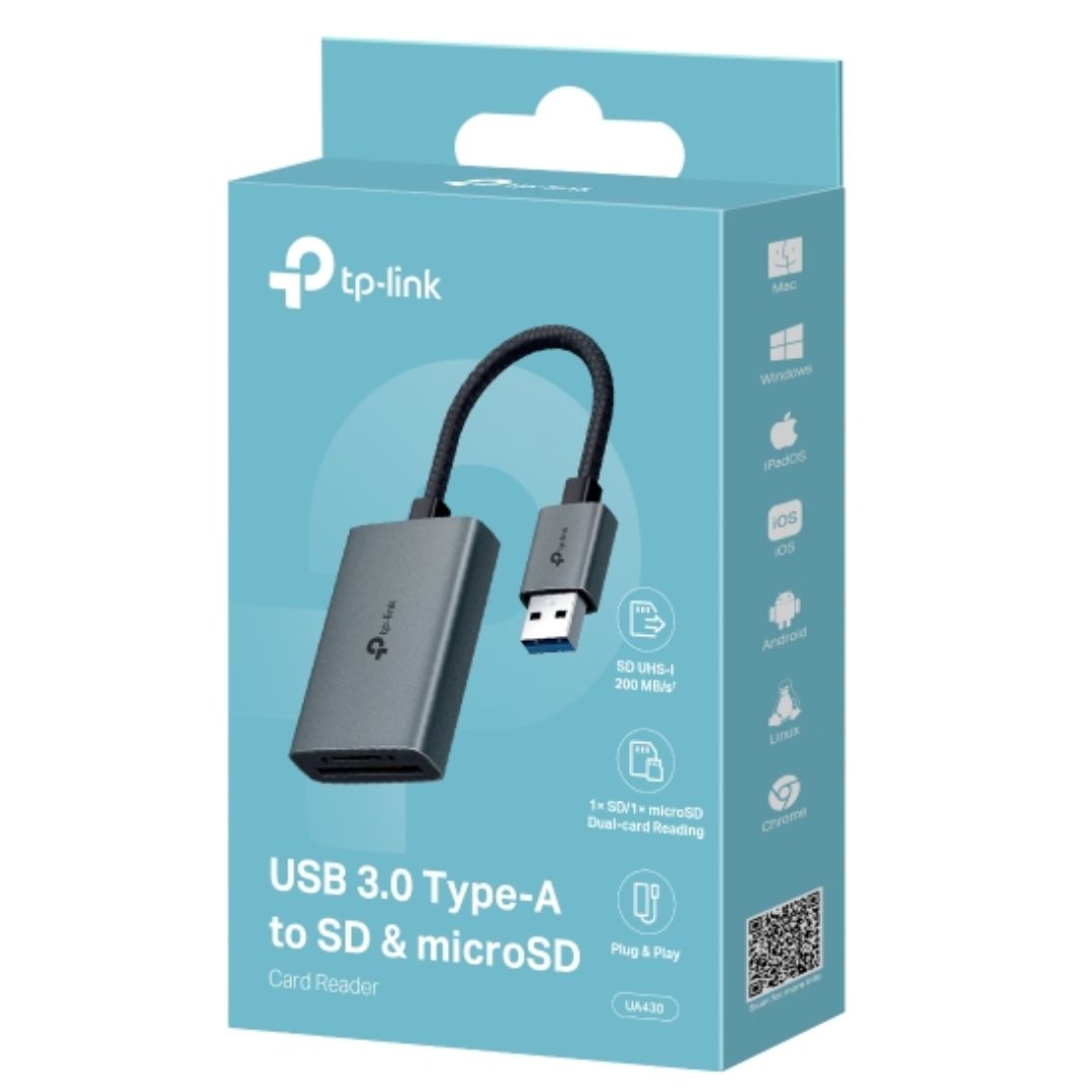 TP-Link UA430 USB 3.0 Type-A to SD & microSD 3.0 Card Reader, support SDï¼ŒSDHCã€SDXCï¼ŒmicroSDã€microSDHCã€microSDXC cards up to 2TB.