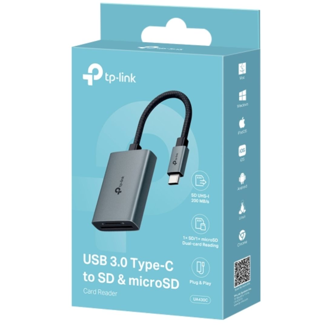 TP-Link UA430C USB 3.0 Type-C to SD & microSD 3.0 Card Reader, support SDï¼ŒSDHCã€SDXCï¼ŒmicroSDã€microSDHCã€microSDXC cards up to 2TB.