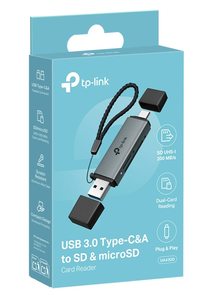 TP-Link UA430D USB 3.0 Type-C&A to SD & microSD 3.0 Card Reader, support SDï¼ŒSDHCã€SDXCï¼ŒmicroSDã€microSDHCã€microSDXC cards up to 2TB.