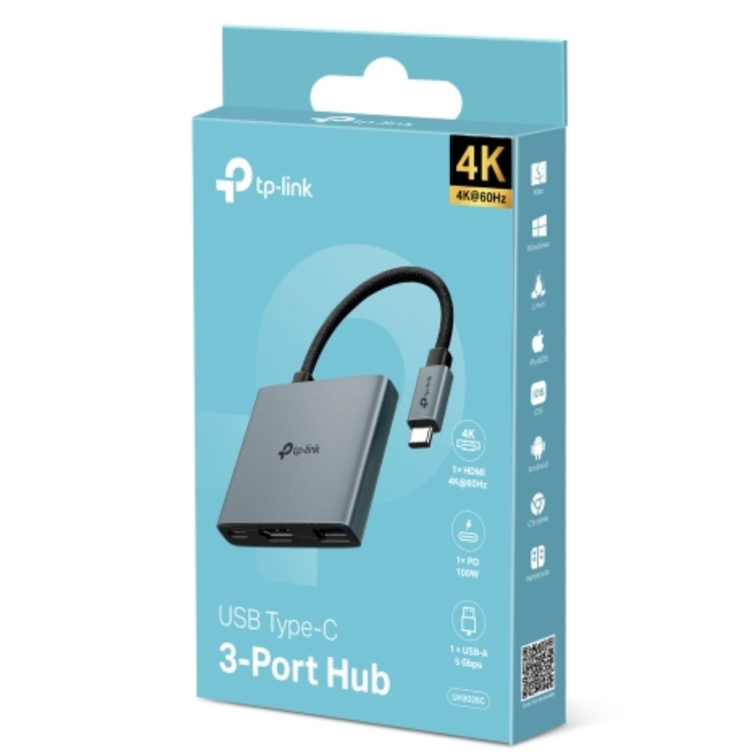 TP-Link UH3020C USB Type-C 3 in 1 Hub, 4K@60Hz HDMI, 100W Power Delivery, 1Ã— USB-A Data Ports.