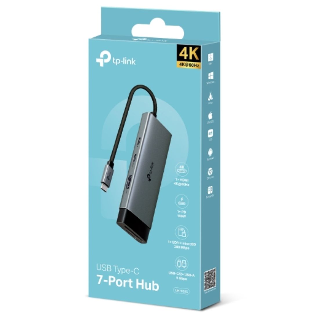 TP-Link UH7020C USB Type-C 7 in 1 Hub, 4K@60Hz HDMI, SD & microSD UHS-I, 100W Power Delivery, 1Ã— USB-C Data Port, 2Ã— USB-A Data Ports.