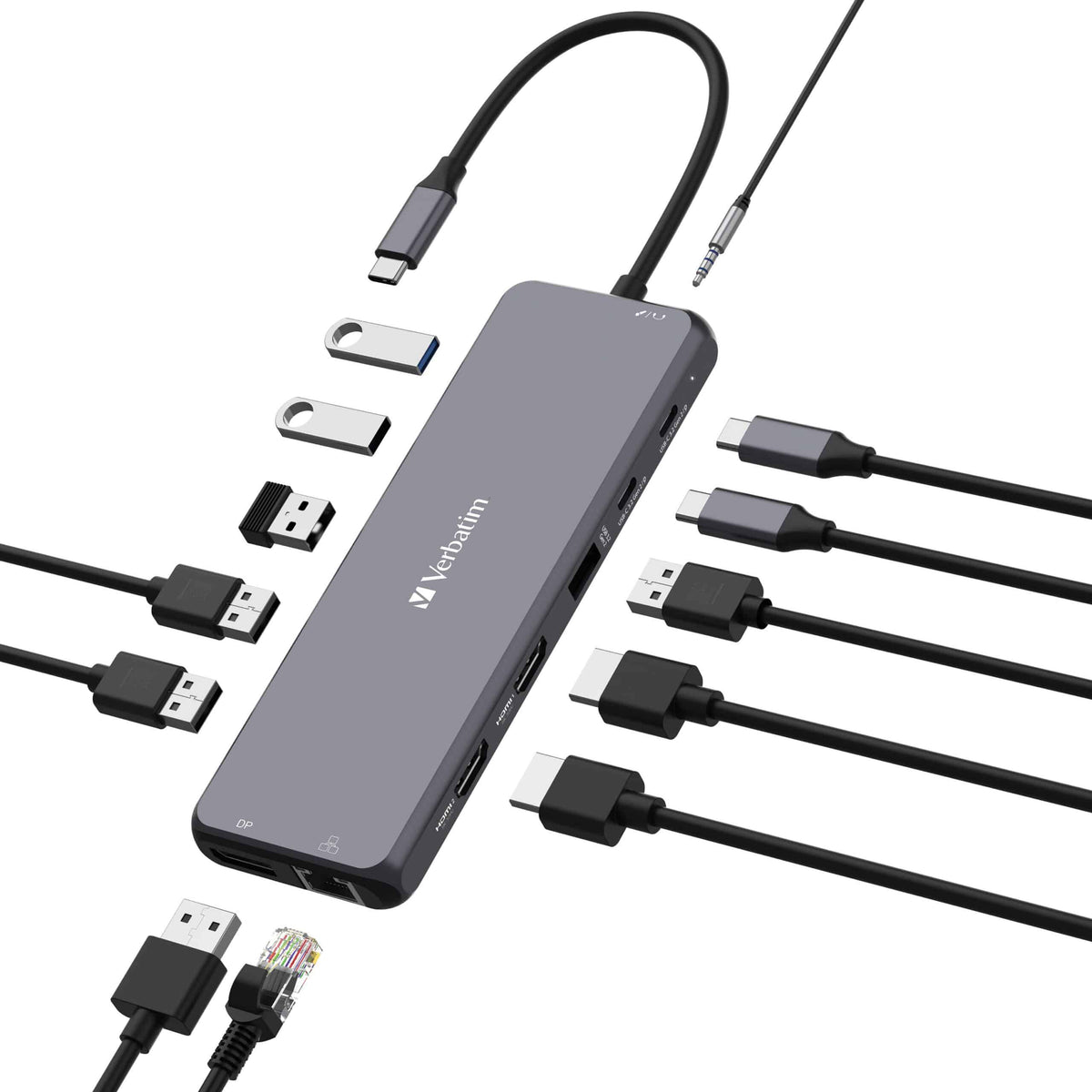 Verbatim USB-C Pro Multiport Hub 13 Ports, 2x HDMI + DP 8K30, triple 4K, RJ45 1GbE, 2x USB-C PD 100W in + 10Gbps data, 6x USB-A, audio in/out