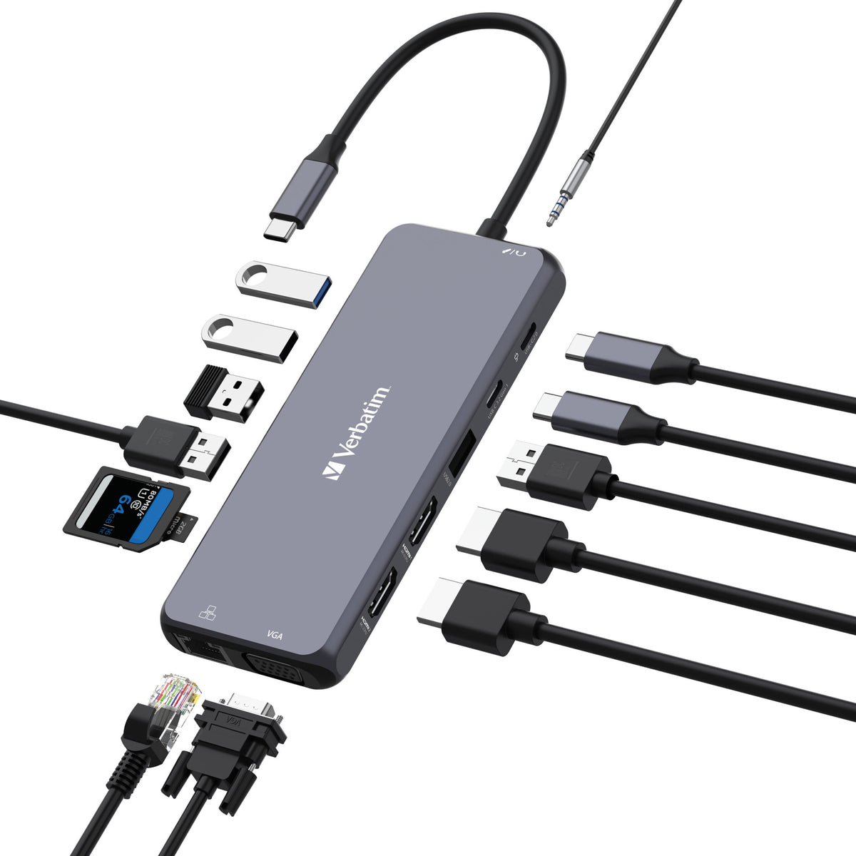 Verbatim USB-C Pro Multiport Hub 14 Ports, 2x HDMI 4K + VGA, RJ45 1GbE, USB-C PD 100W in/85W to host, USB-C data + 5x USB-A, SD + microSD, audio
