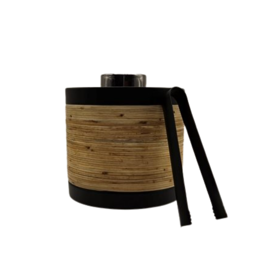 Plantation Ice Bucket with Tongs - Matte Black & Rattan | Stainless Steel Barware