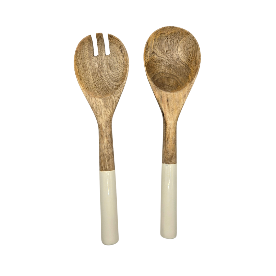 Handcrafted Mango Wood & Enamel Salad Server Set - Sustainable Serving Utensils