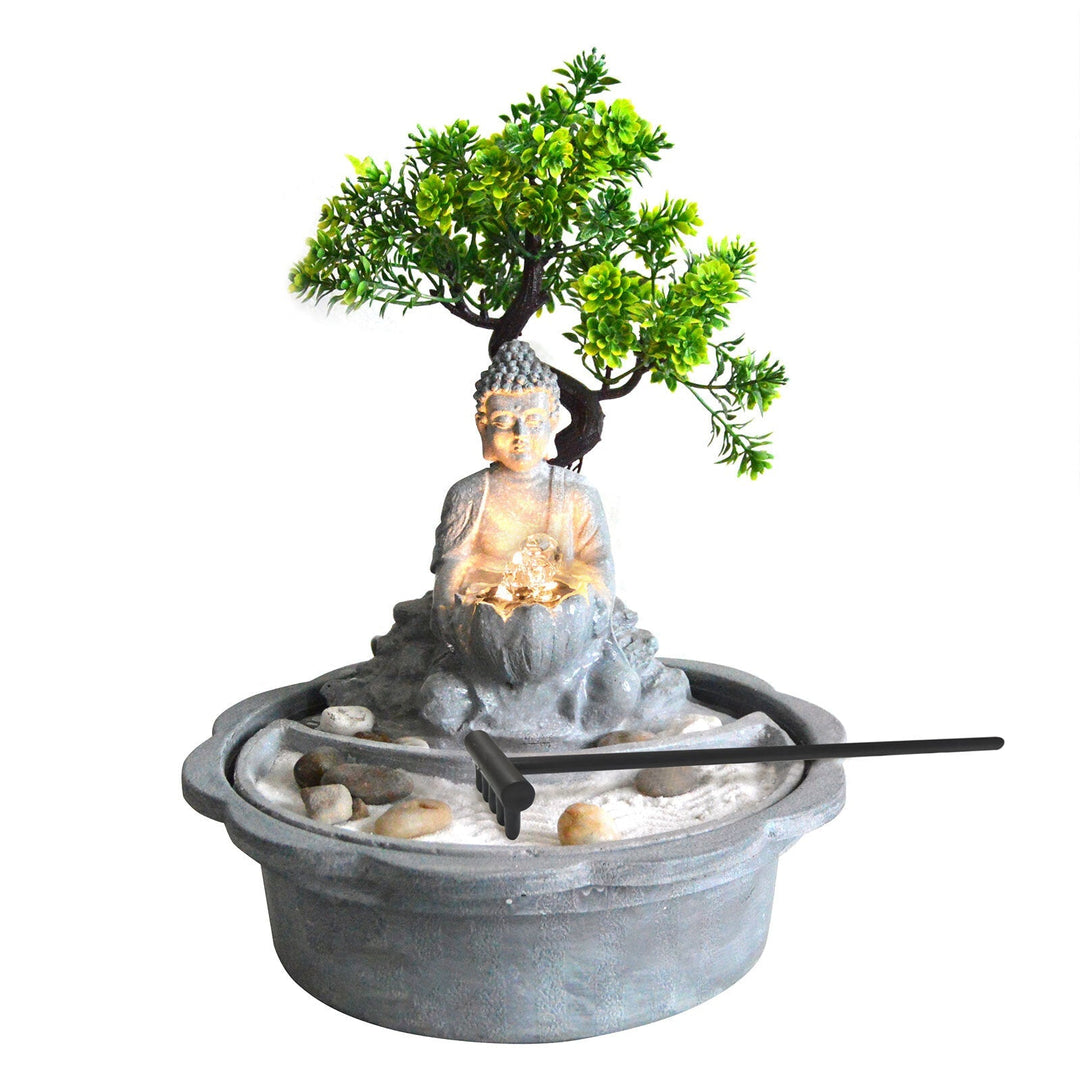 Samland JAPANESE MINIATURE ZEN BONSAI GARDEN WITH BUDDHA WATER FOUNTAIN
