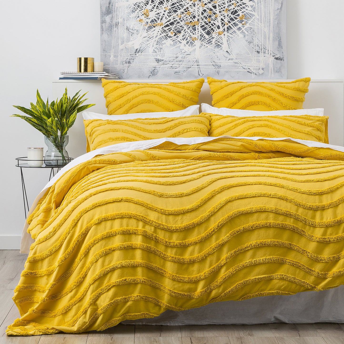 Chenille Wave 100% Cotton Vintage Washed Mustard Tufted Quilt Cover Set by Cloud Linen Queen