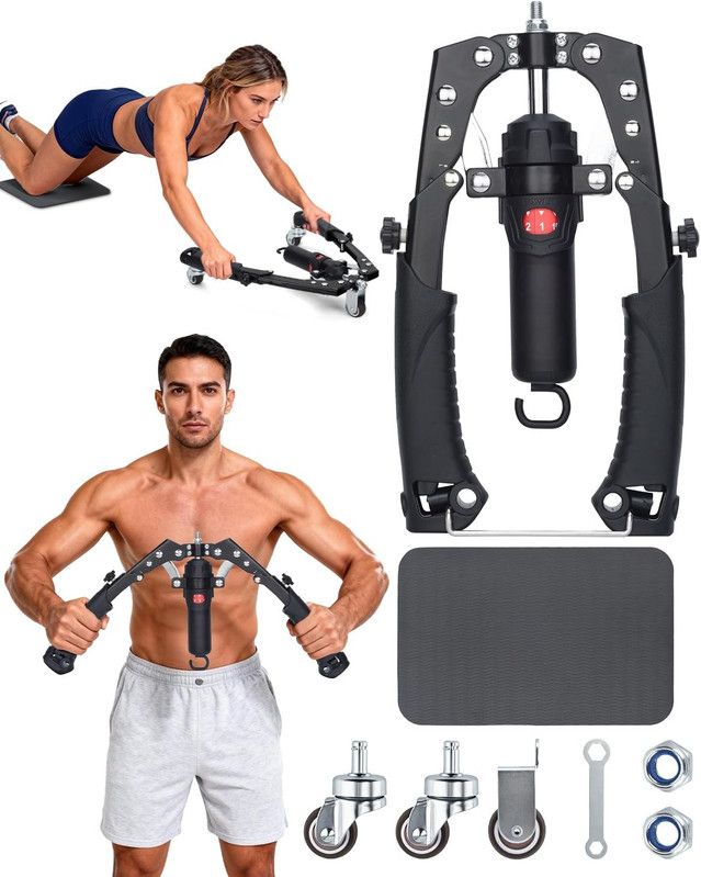 Twister Arm Trainer, 3 in 1 Hydraulic Power Chest Workout Equipment with Ab Roller Wheels and Hooks, Adjustable 22-440lbs Arm Trainer for Men Women, Home Gym Equipment for Full Body Strength Training