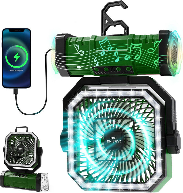 20000mAh Portable Camping Fan, Rechargeable Battery Operated Oscillating Camp Tent Fan W/Remote control, 4 Speeds, LED lights & 360° Rotation Hook for Outdoor RV Travel Green