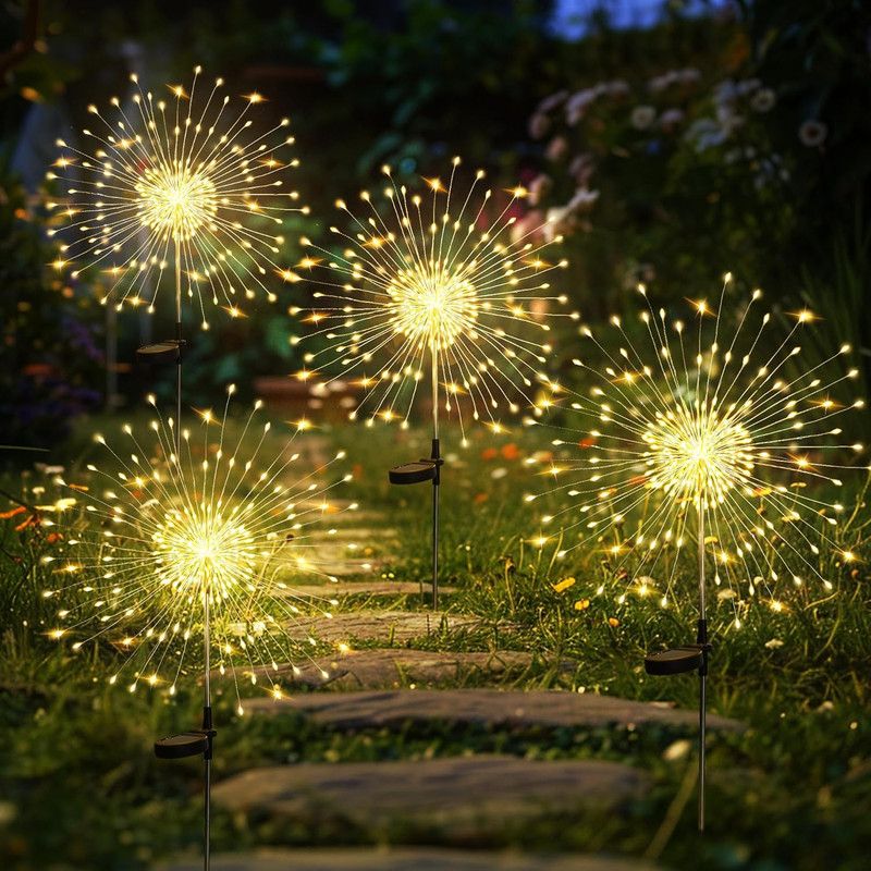 Garden Decor Outdoor Lights 120LED 4Pack, Solar Garden Lights Outside Fairy Firework Decorative,Solar Powered for Yard Pathway Flowerbed Planter Balcony Patio 4th of July Decor (Warm White