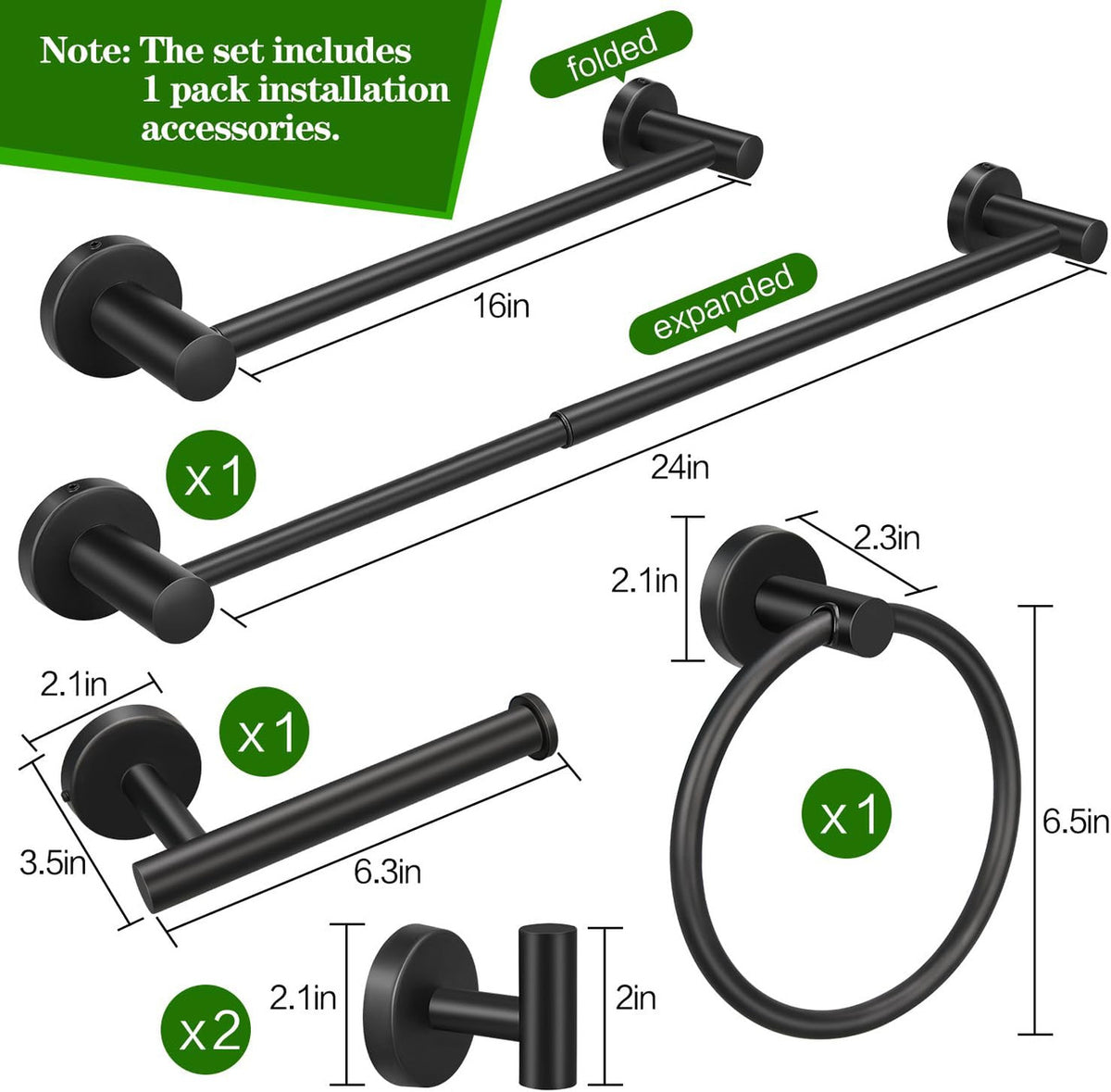 5pcs Matte Black Bathroom Hardware Set, Including 1pcs 24in Retractable Hand Single Towel Bar with 1pcs Toilet Paper Holders, 1pcs Towel Rings 2pcs Multifunctional Robe Hooks