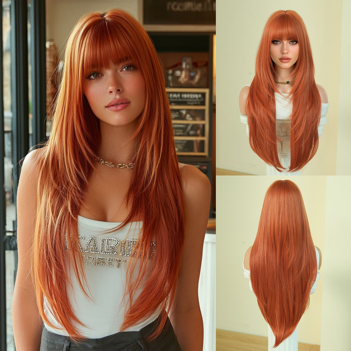 High-Density Synthetic Wig Heat-Resistant Wig Tea-Colored Wig Long Straight Wig - Vitality Orange - Size 85cm-33inch