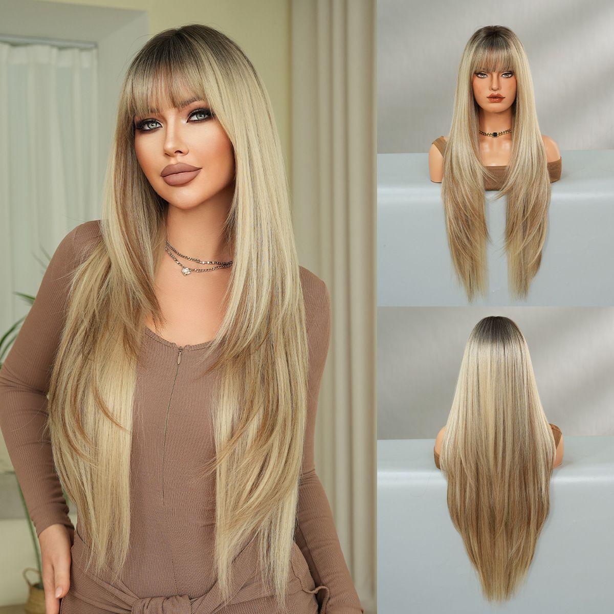 High-Density Synthetic Wig Heat-Resistant Wig Tea-Colored Wig Long Straight Wig - Dark Sand Gold - Size 85cm-33inch