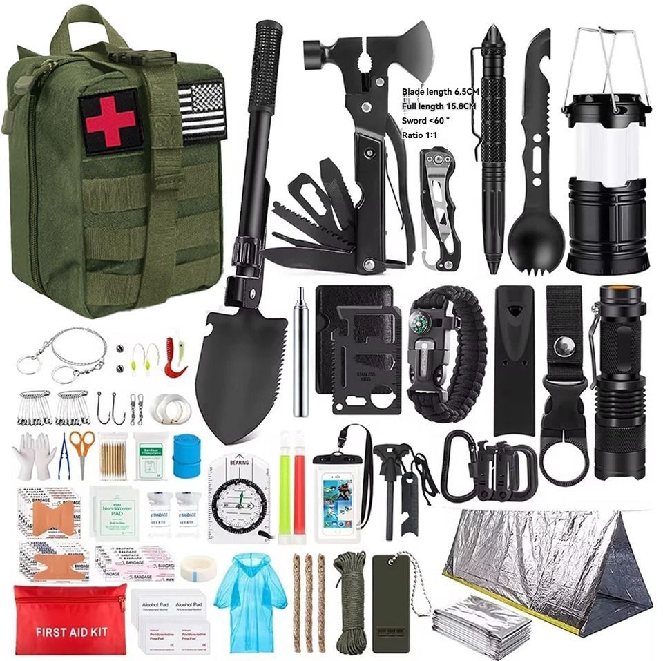 Survival Tool Kit 43-Piece Emergency Kit Outdoor Survival First Aid Kit Larger - army green - Size 43 - piece set
