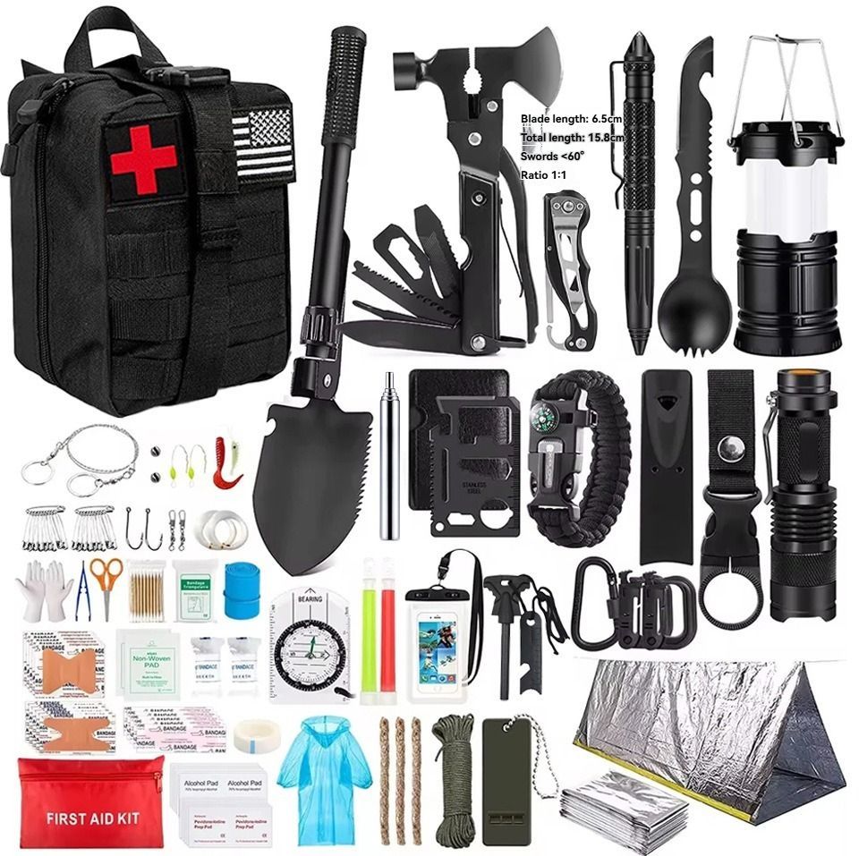 Survival Tool Kit 43-Piece Emergency Kit Outdoor Survival First Aid Kit Larger - Black - Size 43 - piece set