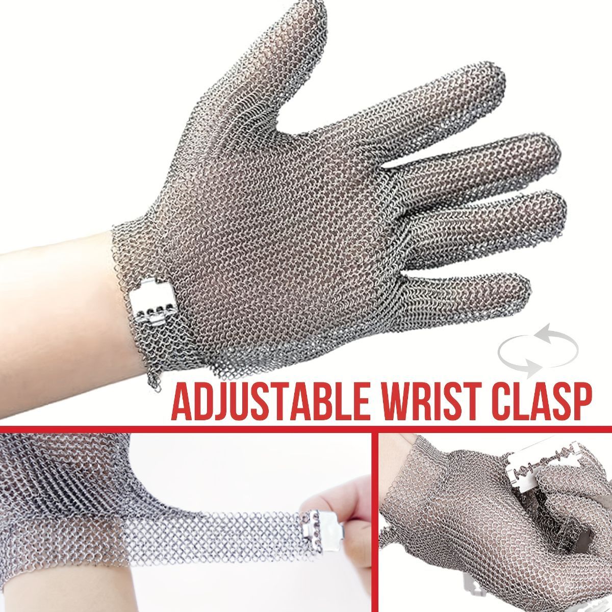 cut-resistant glove, stainless steel chainmail glove, industrial hand protection, adjustable safety glove, meat cutting glove, glass handling glove, Australia work wear, PPE hand safety - Silver - Size L-24CM