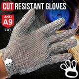 cut-resistant glove, stainless steel chainmail glove, industrial hand protection, adjustable safety glove, meat cutting glove, glass handling glove, Australia work wear, PPE hand safety - Silver - Size M-23CM